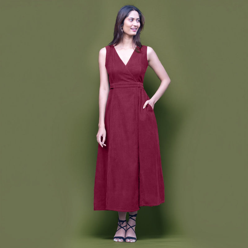 Buy Wine Warm Cotton Corduroy Sleeveless Midi Wrap Dress Online at SeamsFriendly Buy Wine Warm Cotton Corduroy Sleeveless Midi Wrap Dress Online at SeamsFriendly