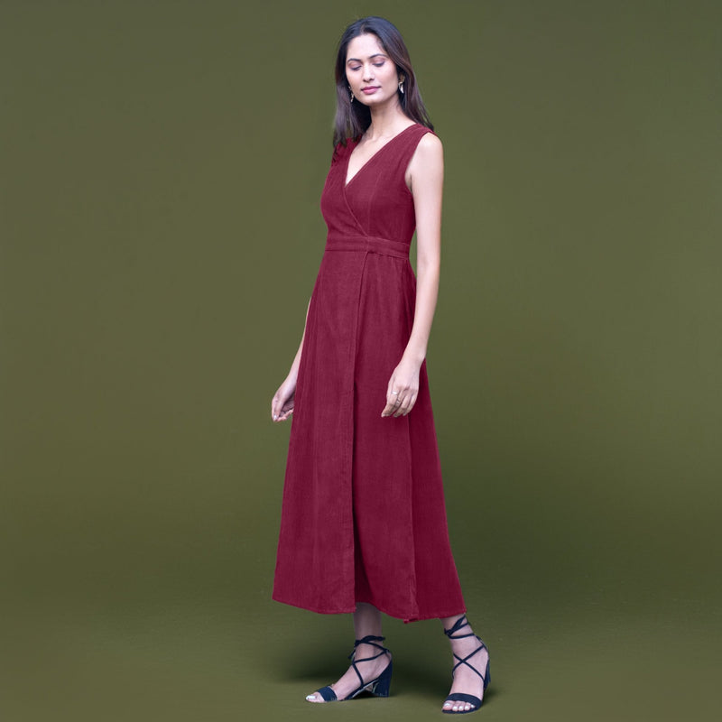 wine dress midi Wine Warm Cotton Corduroy Sleeveless Midi Wrap Dress 68" / Regular (5'2"