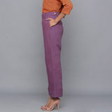 Left View of a Model wearing Wine Flannel Rolled-Up Straight Pant