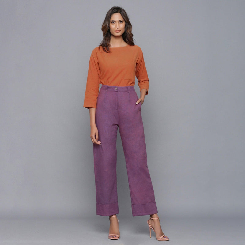 Front View of a Model wearing Wine Flannel Rolled-Up Straight Pant