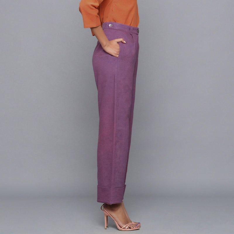 Right View of a Model wearing Wine Flannel Rolled-Up Straight Pant