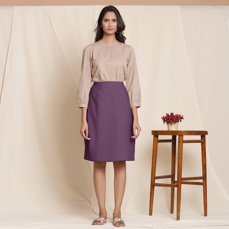 Front View of a Model wearing Wine Warm Cotton Flannel Knee-Length Pencil Skirt