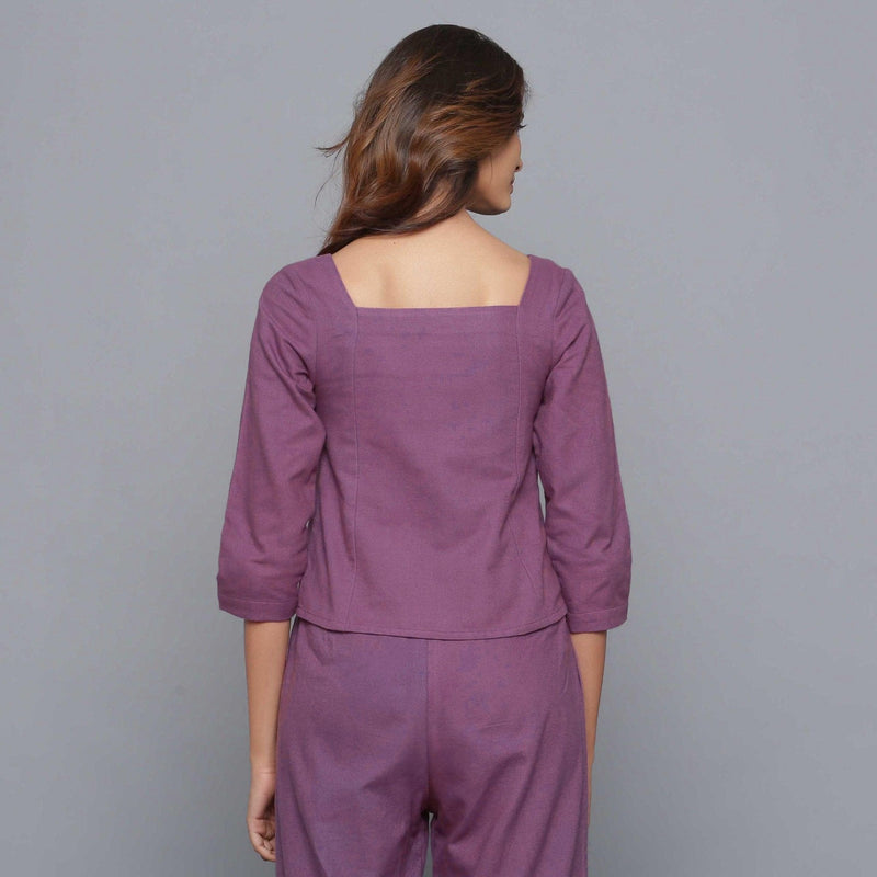 Back View of a Model wearing Grape Wine Flannel Sweetheart Neck Top