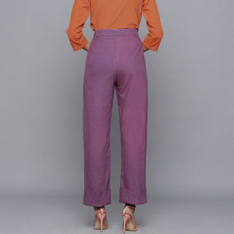 Back View of a Model wearing Wine Flannel Rolled-Up Straight Pant