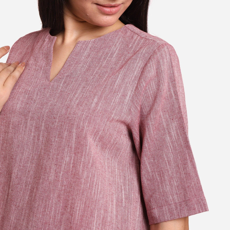 Front Detail of a Model wearing Wine Yarn Dyed Cotton High Low Top