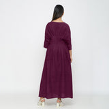 Wine Yarn Dyed Cotton Ankle Length Pleated Flared Dress