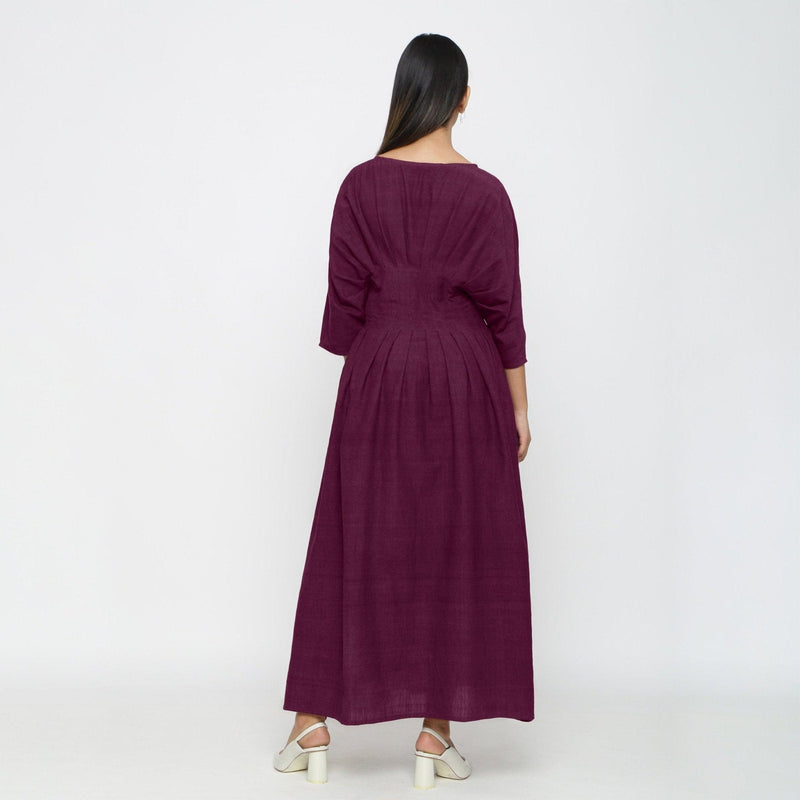 Wine Yarn Dyed Cotton Ankle Length Pleated Flared Dress