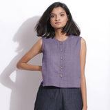 Front View of a Model wearing Wisteria 100% Linen Button-Down Short Top