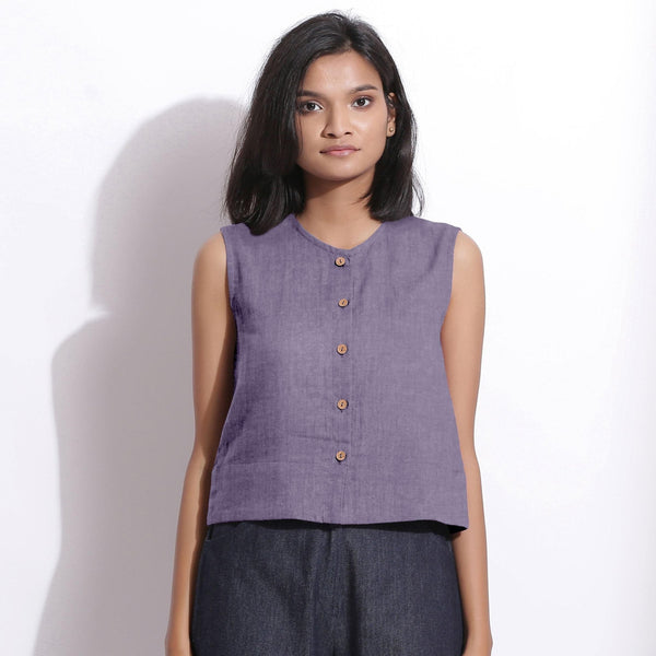 Front View of a Model wearing Wisteria 100% Linen Button-Down Short Top