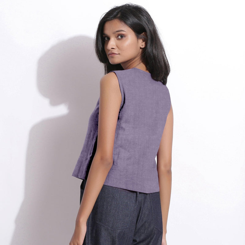 Back View of a Model wearing Wisteria 100% Linen Button-Down Short Top