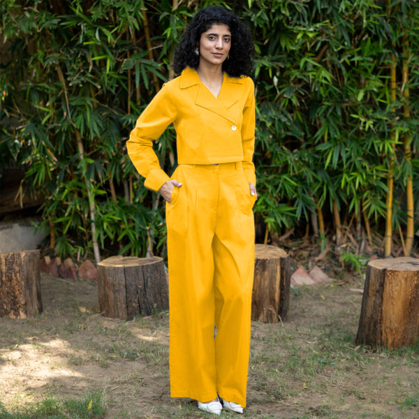 Yellow Cotton Poplin High-Rise Elasticated Pleated Wide Legged Pant