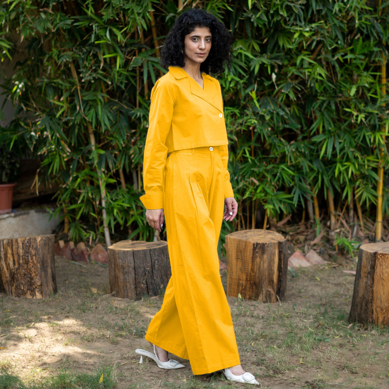 Yellow Cotton Poplin High-Rise Elasticated Pleated Wide Legged Pant