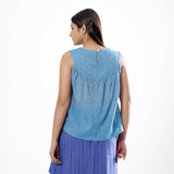 Back View of a Model wearing Handspun Sky Blue Yoked Top