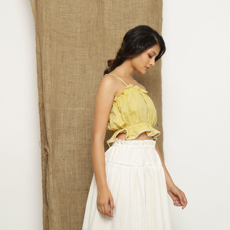 Right View of a Model wearing Handspun Light Yellow Balloon Top