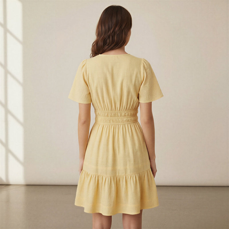 Yellow 100% Cotton Elasticated Short Tier Dress