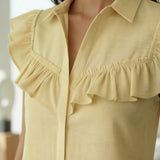 Yellow 100% Cotton Ruffled Mini Shirt Dress
