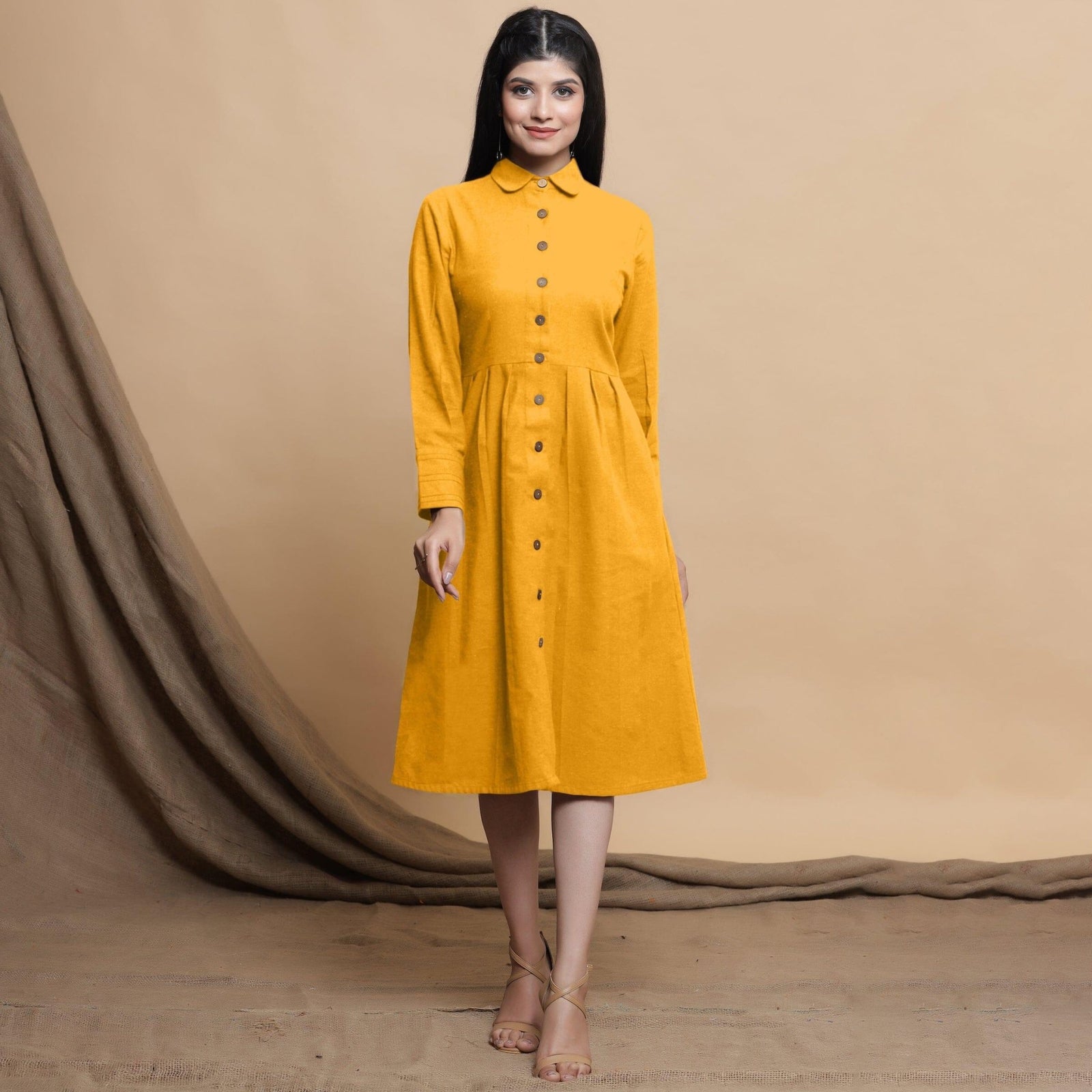 Yellow Button Down Cotton Flax Knee Length Formal Dress 42
