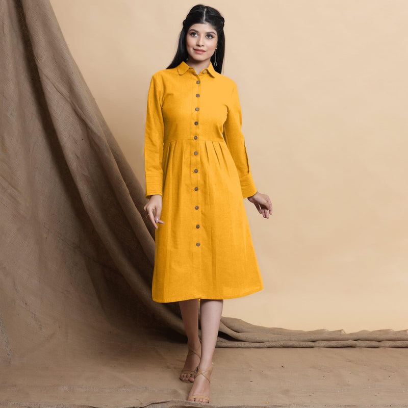 Front View of a Model wearing Yellow Button Down Cotton Flax Knee Length Formal Dress