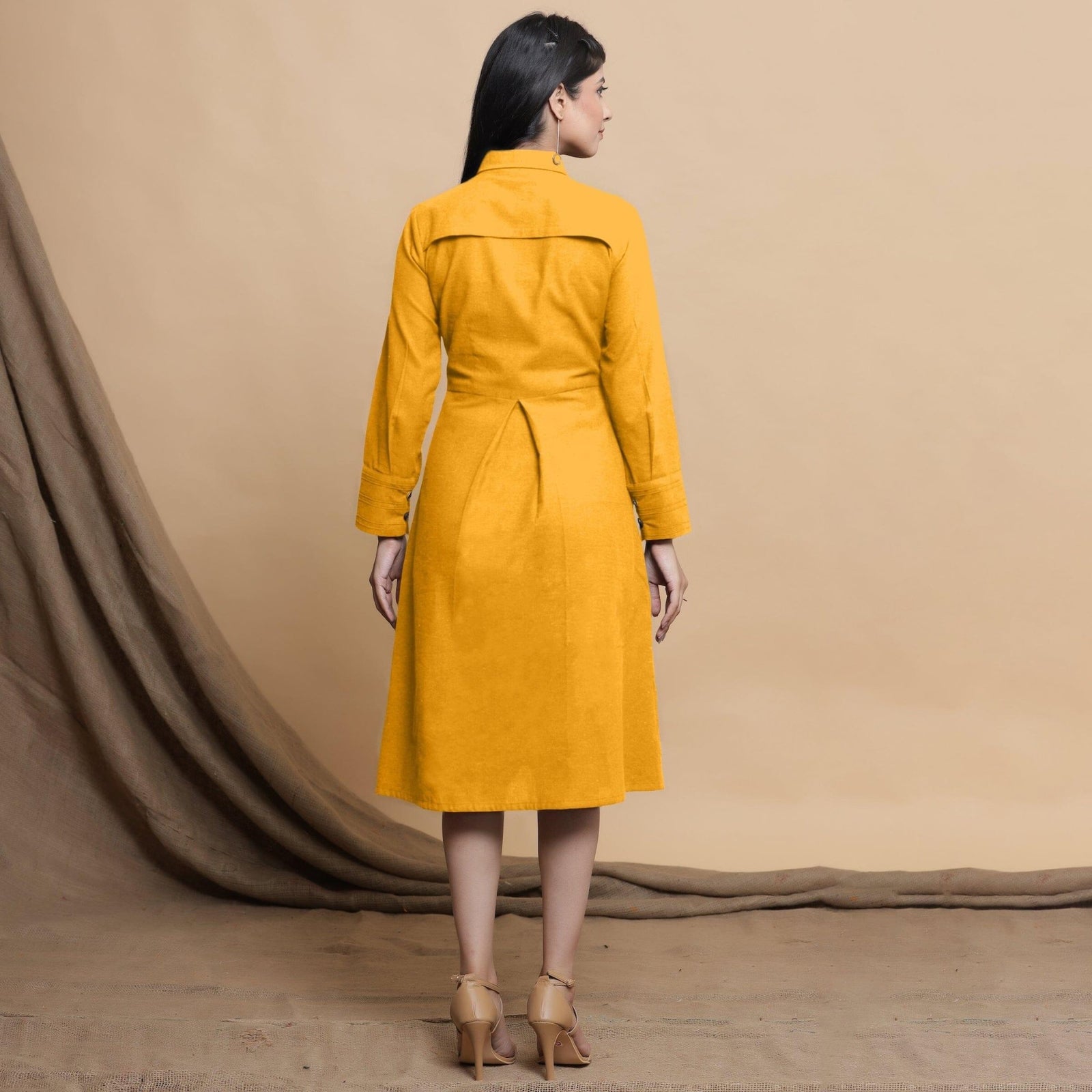 Yellow Button Down Cotton Flax Knee Length Formal Dress 42