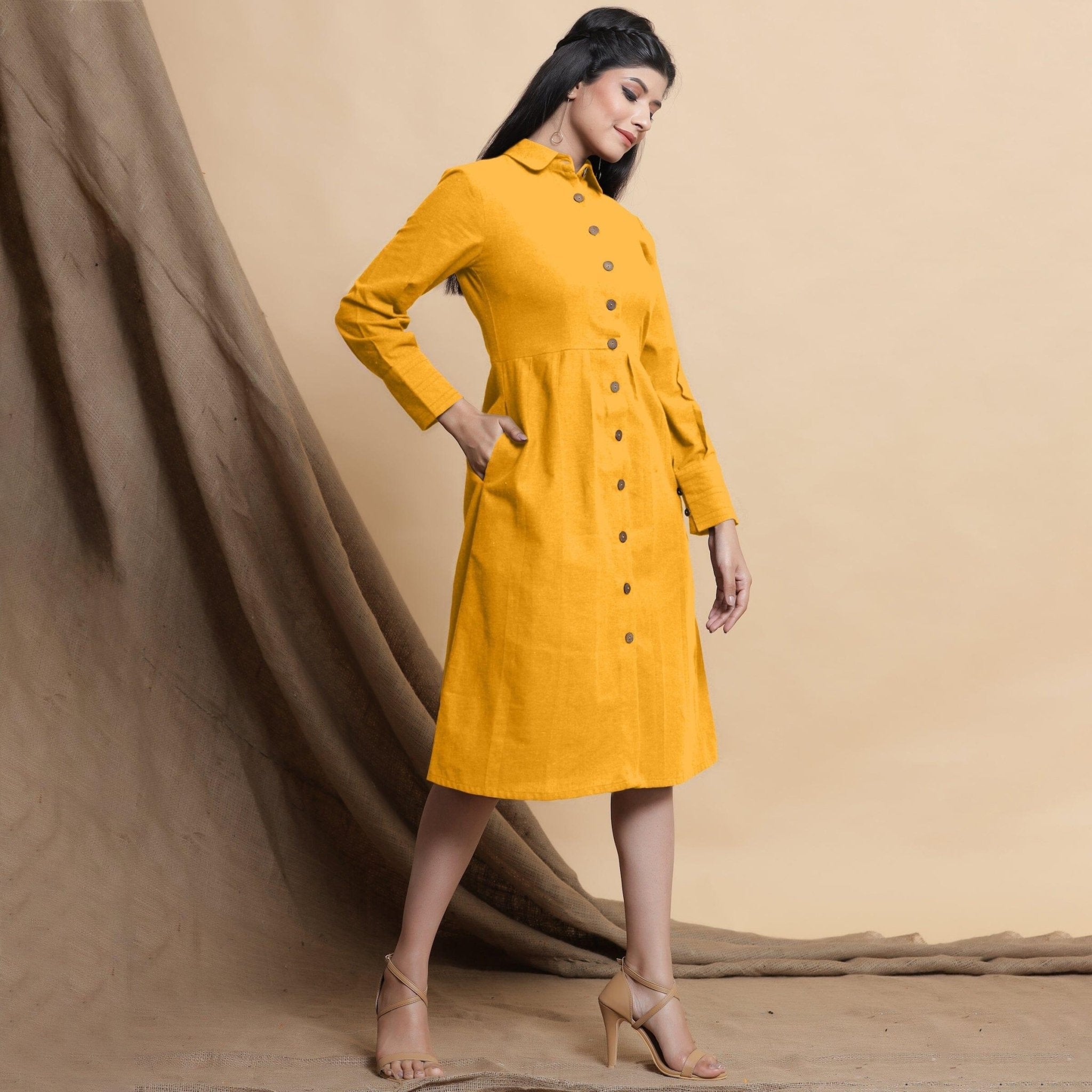 Buy Yellow Button Down Cotton Flax Knee Length Formal Dress Online at