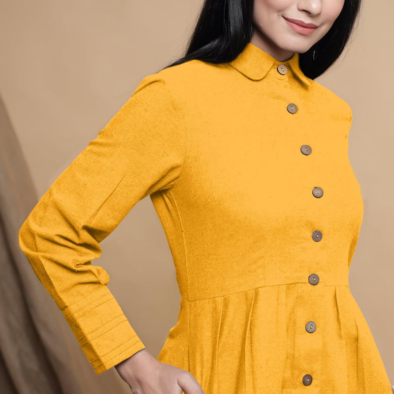 Yellow Button Down Cotton Flax Knee Length Formal Dress 46 Yellow Button Down Cotton Flax Knee Length Formal Dress 46
