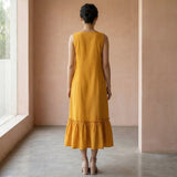 Yellow Cotton Flax A-Line V-Neck Sleeveless Maxi Tier Dress