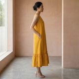 Yellow Cotton Flax A-Line V-Neck Sleeveless Maxi Tier Dress