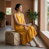 Yellow Cotton Flax A-Line V-Neck Sleeveless Maxi Tier Dress
