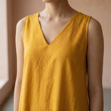 Yellow Cotton Flax A-Line V-Neck Sleeveless Maxi Tier Dress