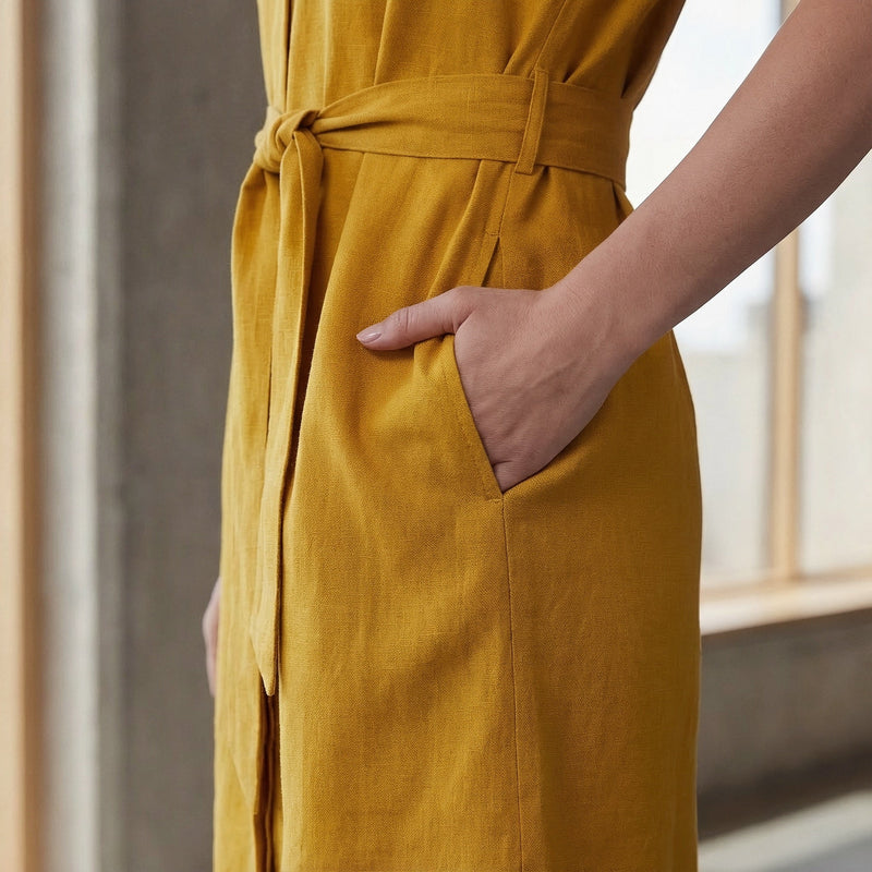 Yellow Cotton Flax A-Line Short Dress with Belt 62