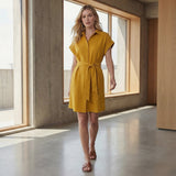 Yellow Cotton Flax A-Line Short Dress with Belt