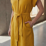 Yellow Cotton Flax A-Line Short Dress with Belt