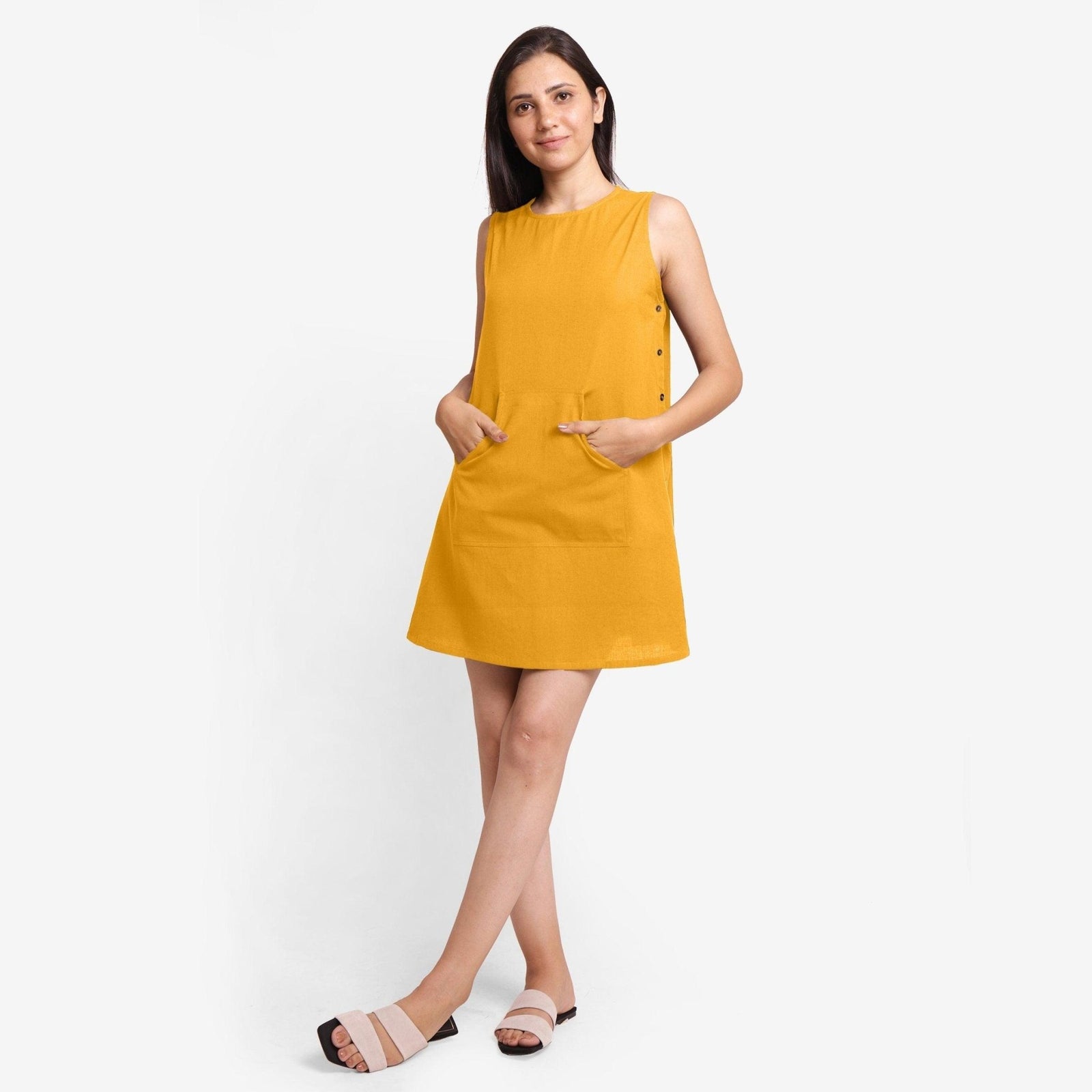 Yellow Cotton Flax A-Line Sleeveless Mini Dress 26" / Tall (5'7" and above) Yellow Cotton Flax A-Line Sleeveless Mini Dress 26" / Tall (5'7" and above)