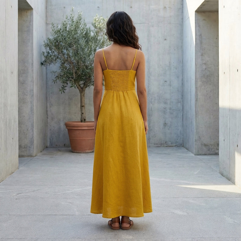Yellow Cotton Flax Ankle Length Flared Sundress 60
