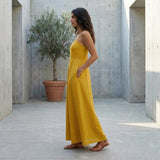 Yellow Cotton Flax Ankle Length Flared Sundress