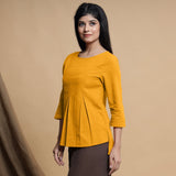 Yellow Cotton Flax Box-Pleated High Low Top