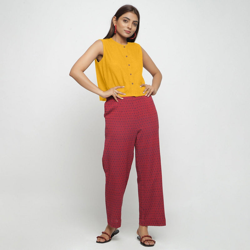 Front View of a Model wearing Yellow Cotton Flax Button-Down Shirt