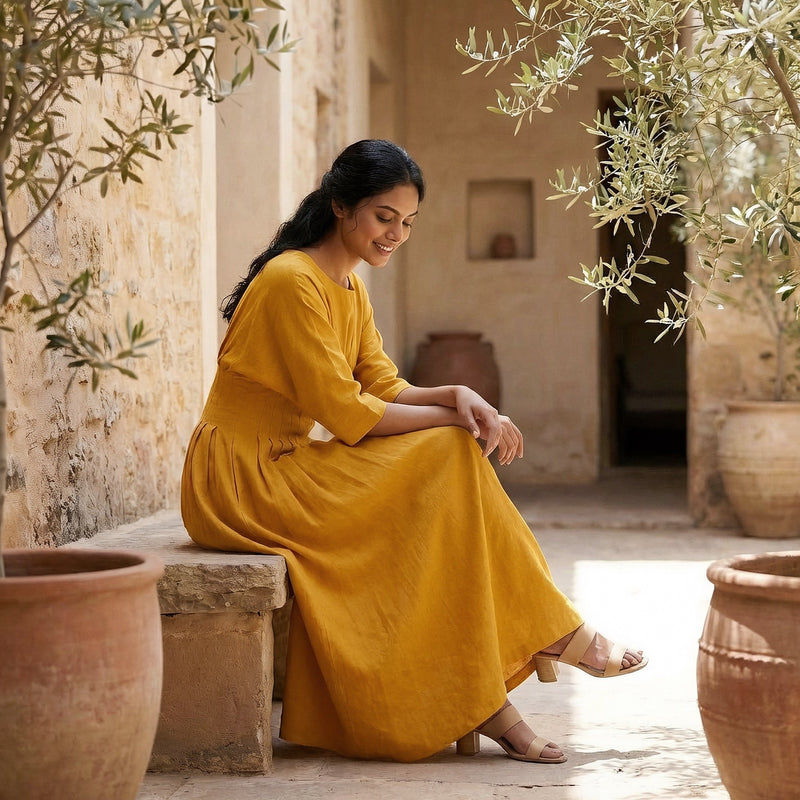 Yellow Cotton Flax Cinched Waist Flared Maxi Dress 38