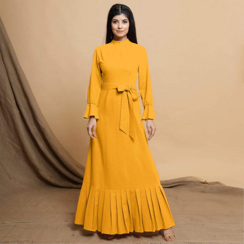 Yellow Cotton Flax Crew Neck Floor Length Tier Dress