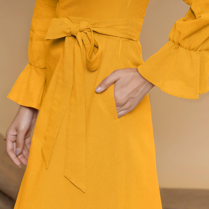 Yellow Cotton Flax Crew Neck Floor Length Tier Dress