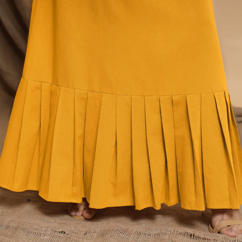 Yellow Cotton Flax Crew Neck Floor Length Tier Dress