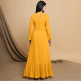 Yellow Cotton Flax Crew Neck Floor Length Tier Dress