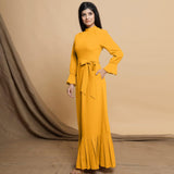 Yellow Cotton Flax Crew Neck Floor Length Tier Dress