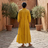 Yellow Cotton Flax Deep-V Maxi Tier Dress