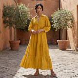 Yellow Cotton Flax Deep-V Maxi Tier Dress