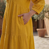 Yellow Cotton Flax Deep-V Maxi Tier Dress