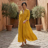 Yellow Cotton Flax Deep-V Maxi Tier Dress