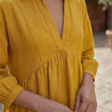 Yellow Cotton Flax Deep-V Maxi Tier Dress