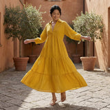 Yellow Cotton Flax Deep-V Maxi Tier Dress