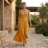 Yellow Cotton Flax Deep V-Neck Cami Maxi Dress